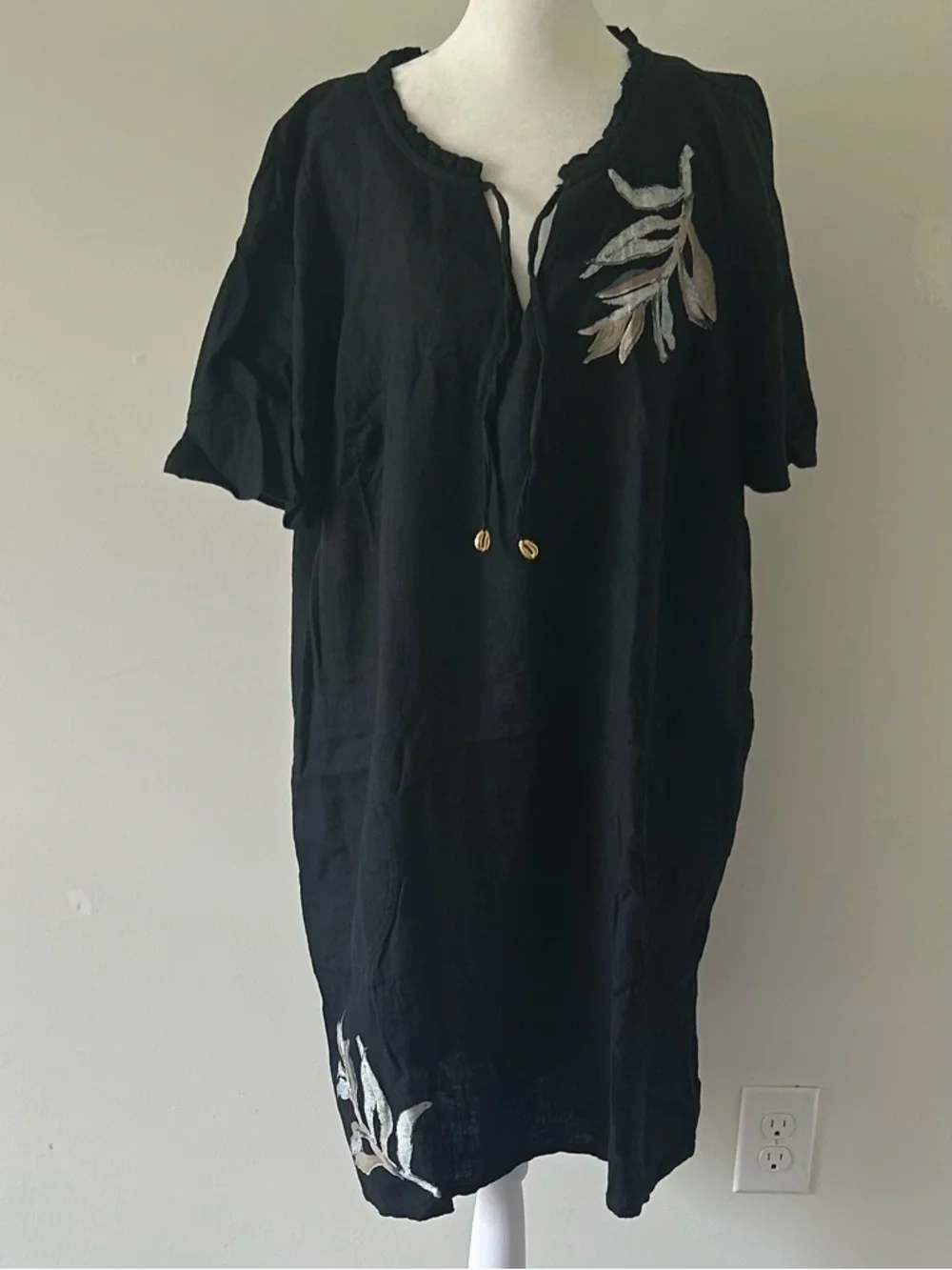 New Susan Graver Soleil Linen Viscose Printed CoverUp w/ Ties Black size Large